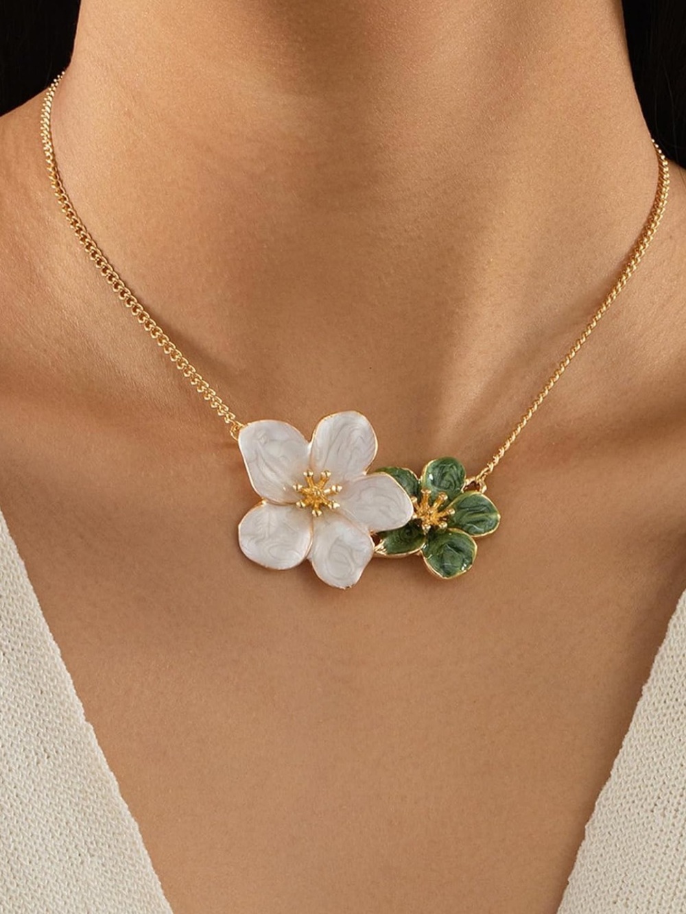 Gold Chain Necklace with White and Green Flower Pendant